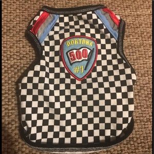 MM small Dogtona 500 “race” & finish line theme dog outfit w reflective stripes
